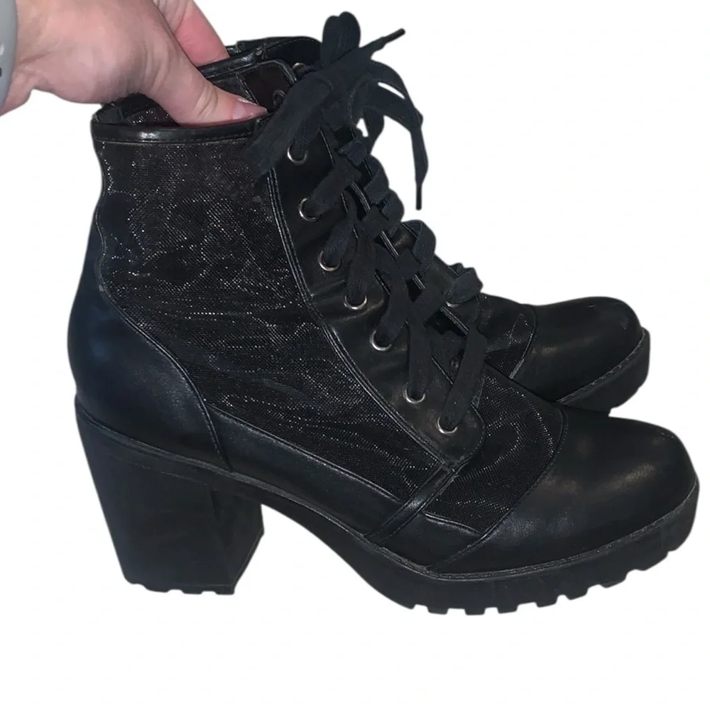 Forever 21 Black Mesh Ankle Booties Block Heel Boots Lace Up Moto Goth Sheer - Picture 3 of 8